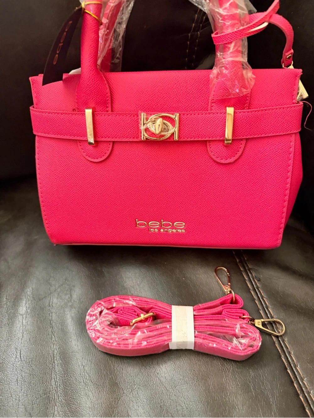 bebe Hot Pink Satchel with Gold Hardware